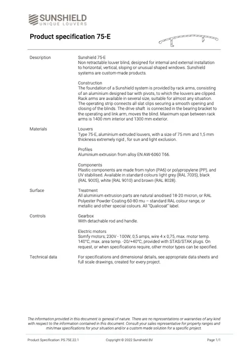 Sunshield 75E Extruded Aluminium Louvres - Spec Sheet cover