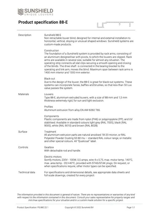Sunshield 88E Extruded Aluminium Louvres - Spec Sheet cover