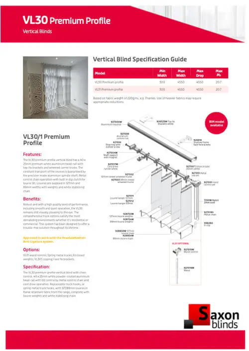 vertical blind specification sheet