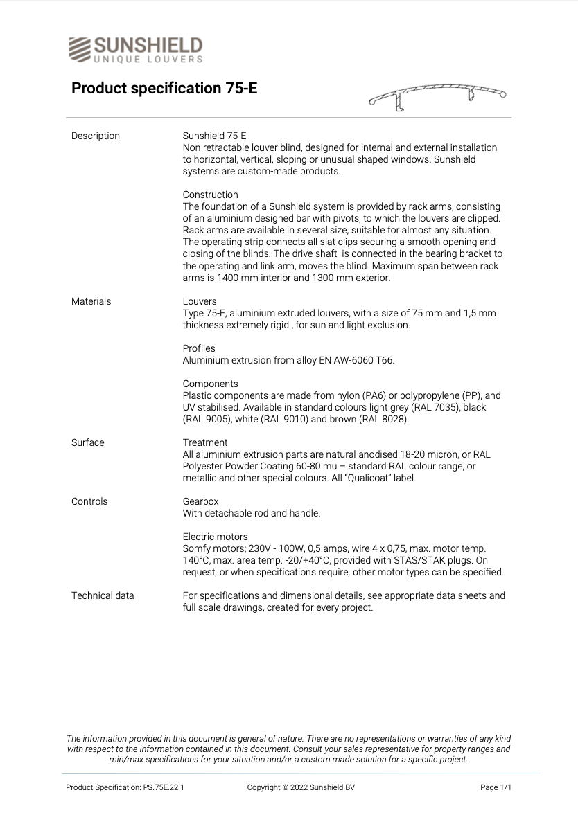 sunshield product specification 75-E