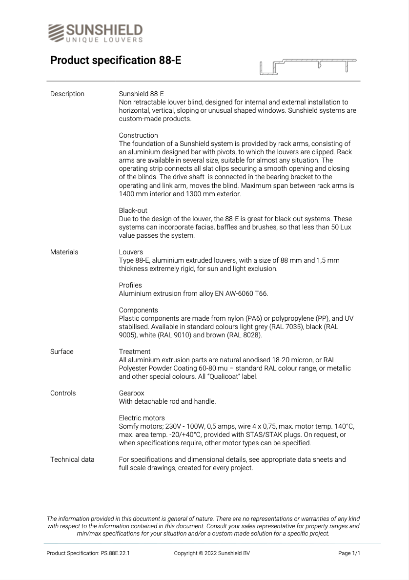 sunshield product specification 88-E