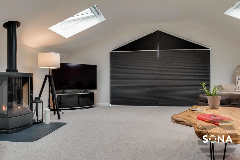 black pleated motor blinds