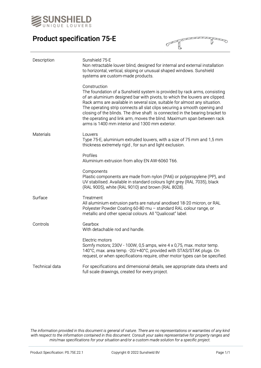 sunshield product specification 75-E