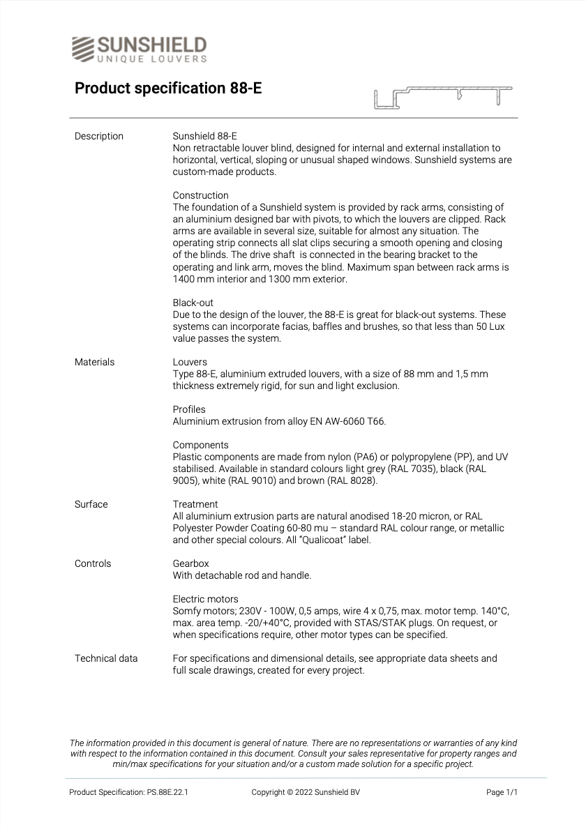 sunshield product specification 88-E
