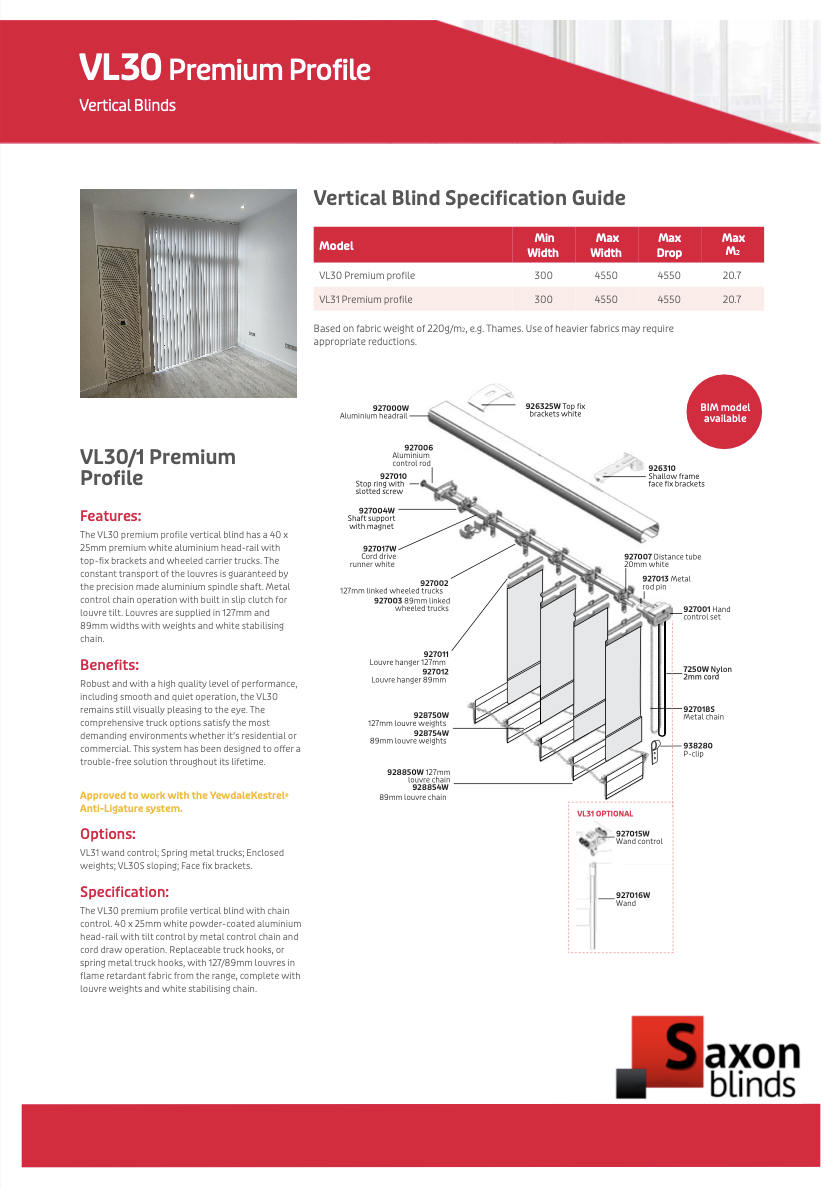 vl30 premium profile vertical blind specification guide